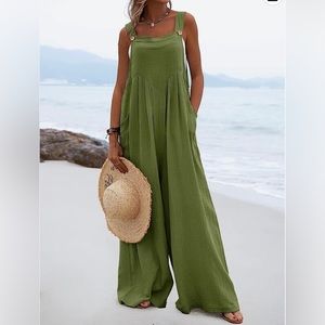 Forest green wide leg jumpsuit with suspender sleeves